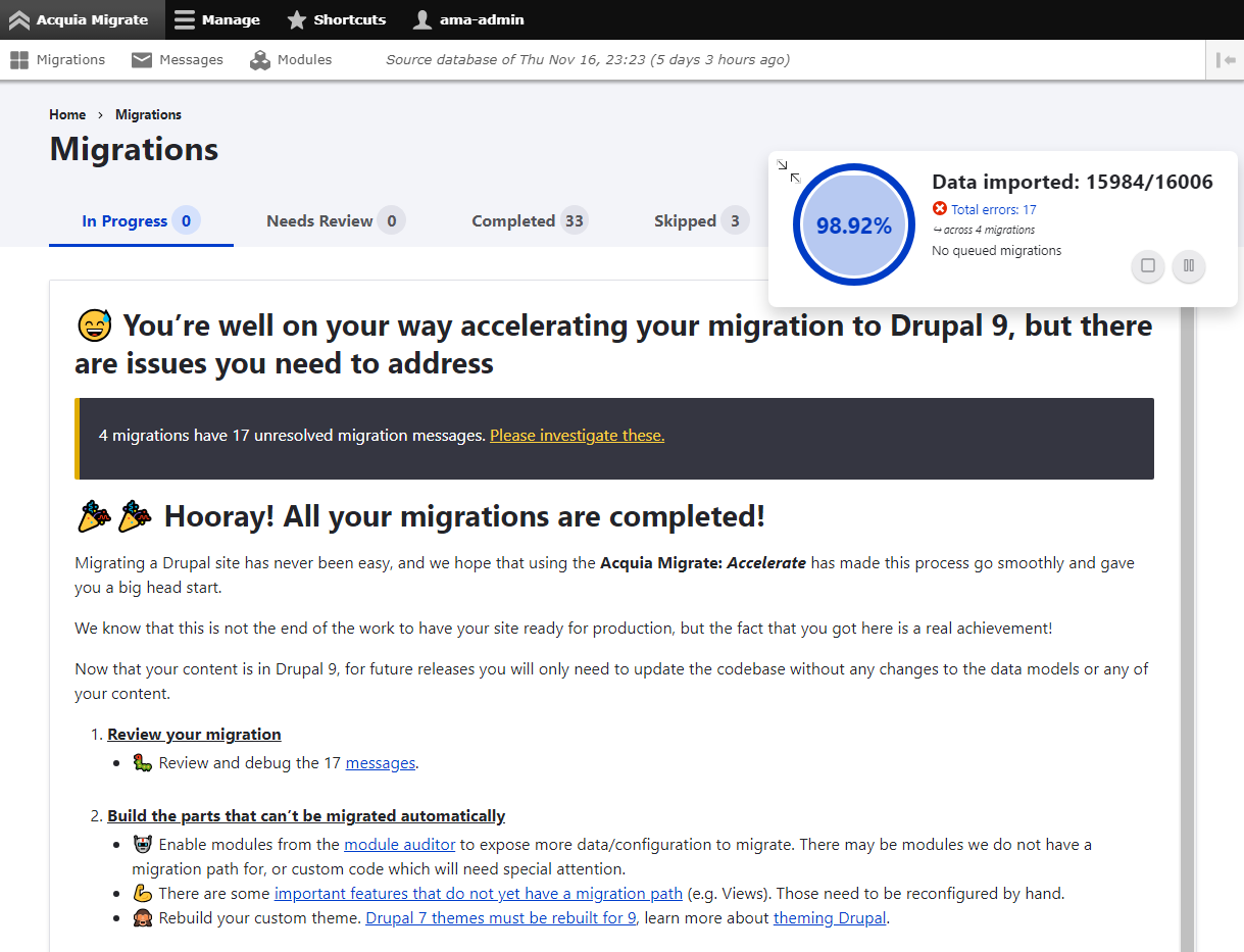 Acquia Migrate: Accelerate (AM:A) - 98% complete!